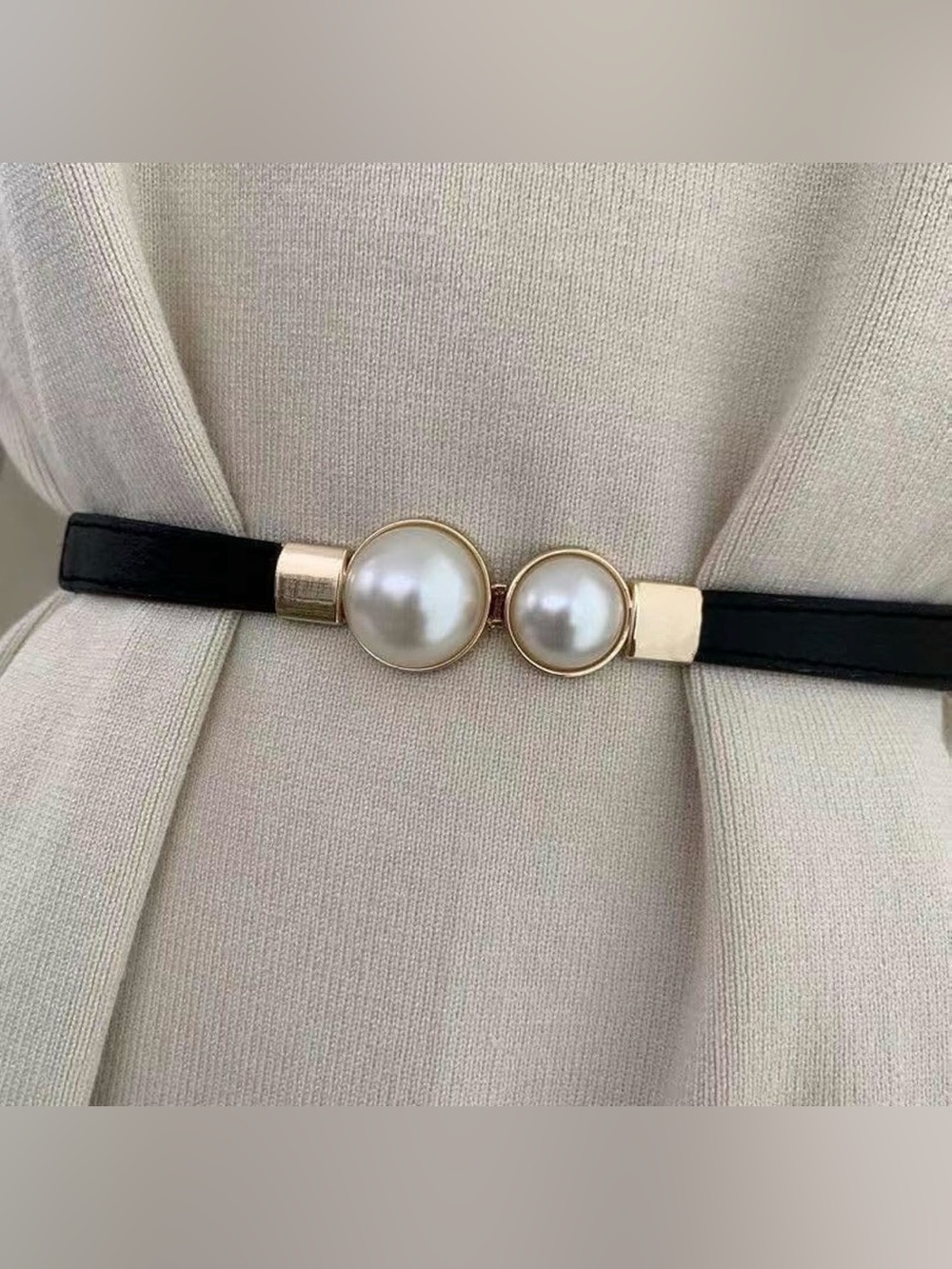 Double Pearl Skinny Elastic Waist Belt - Black Gold Minimalist - Fits S - L - Picture 2 of 8